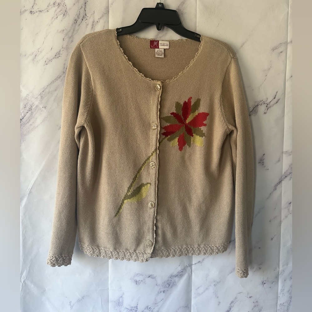 VTG JM COLLECTION FLORAL KNIT BUTTON UP CARDIGAN WOMENS LARGE MADE IN HONG KONG